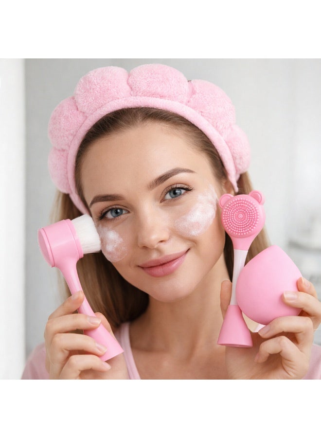 MOSH 5-Piece Facial Skincare Tools Set for Women – Cleansing Brush, Silicone Face Scrubber, Makeup Sponge, Spa Headband & Wristbands, Pink - Image 2